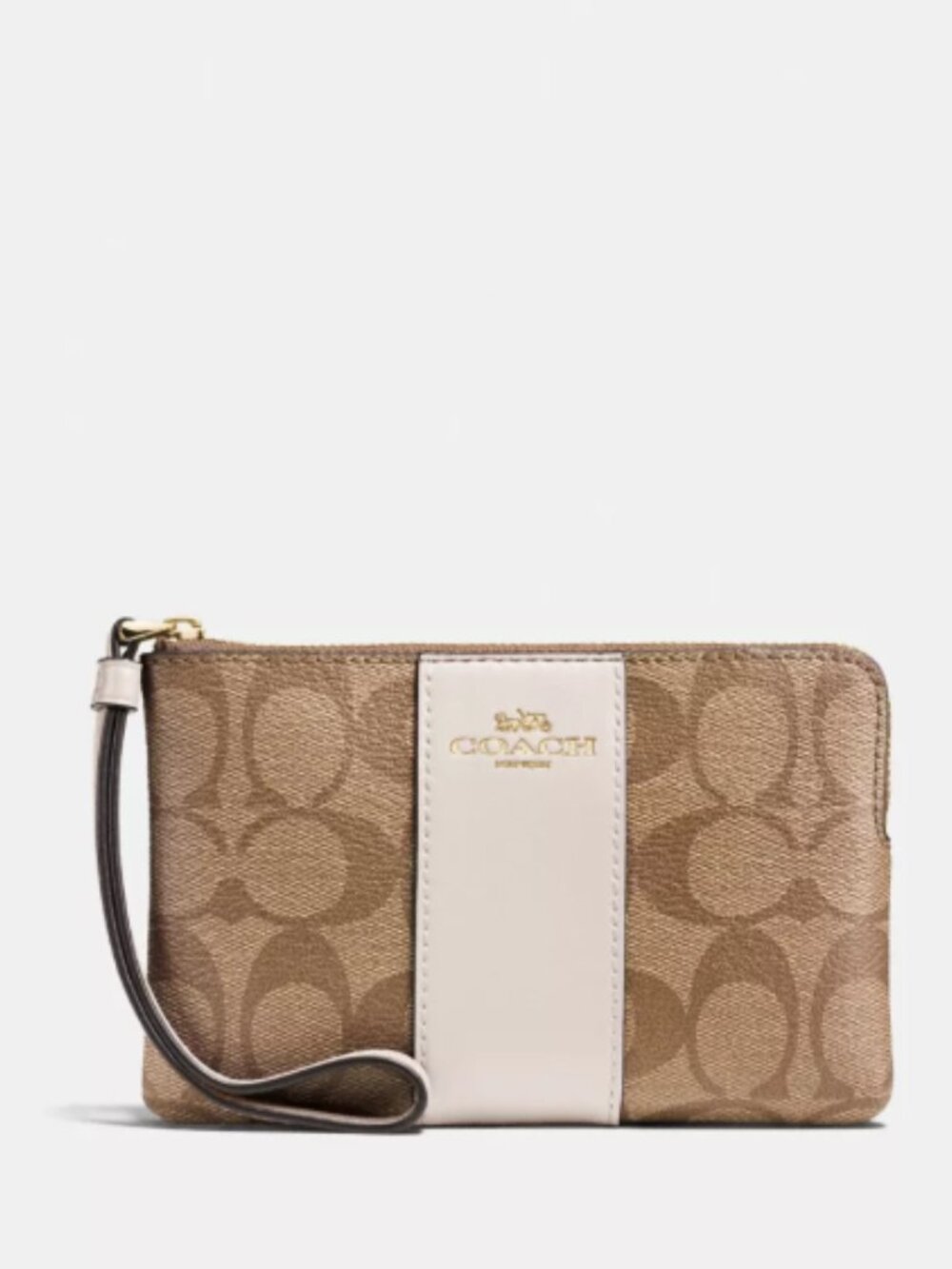 Coach Corner Zip Wristlet Signature Canvas Khaki Chalk 58035 IMDJ8